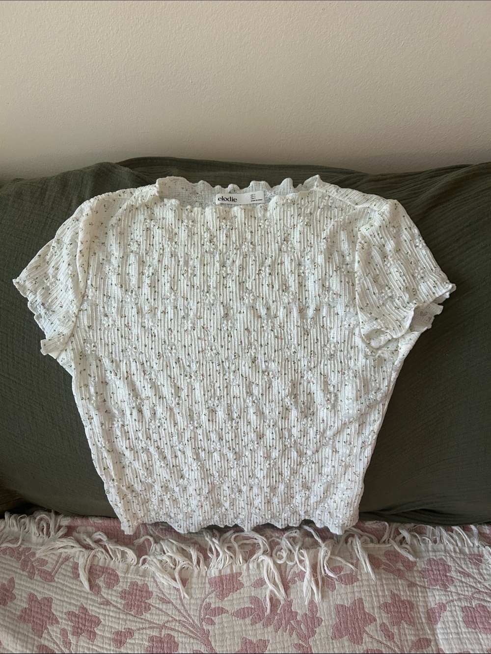 Elodie White Textured Short-Sleeve Ruffle Top - soft texture